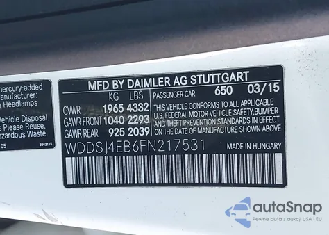 2015 Mercedes-Benz Cla 250 z USA, uszkodzony, nr VIN WDDSJ4EB6FN217531